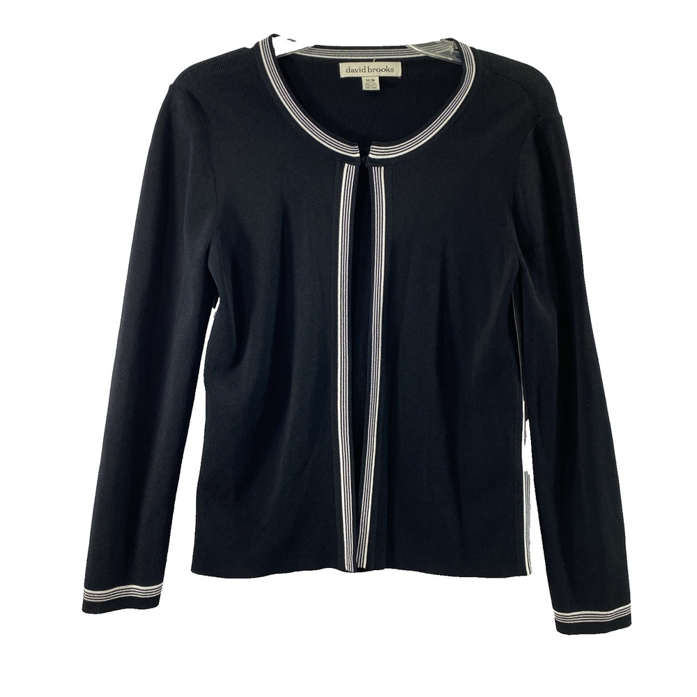 David Brooks Cardigan Womens‎ Medium Black White Open Front Sweater Office Layer